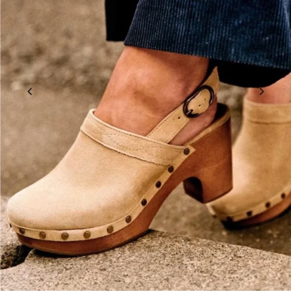 Sezane Tan Suede Clog Mules with Wood Heel
